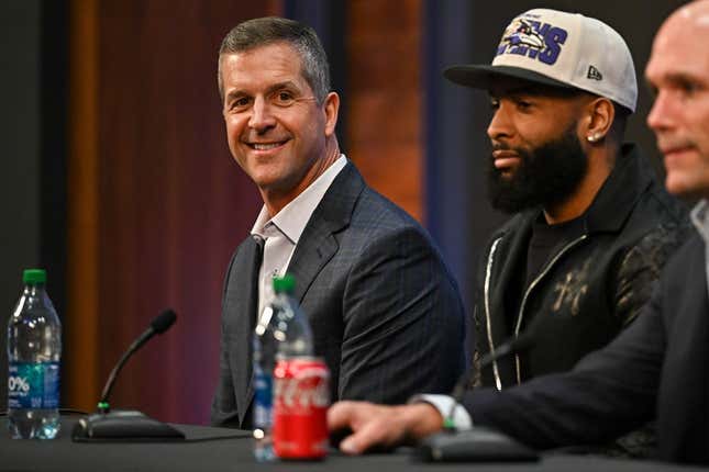 Apr 13, 2023; Owings Mills, MD, USA; Baltimore Ravens wide receiver Odell Beckham Jr. (M), head coach John Harbaugh (L), and executive vice president &amp;amp; general manager Eric DeCosta (R) speak to media at his introduction press conference at Under Armour Performance Center.