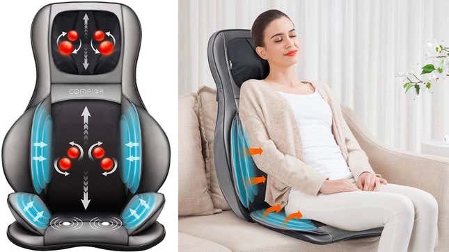 An illustration of a back massaging cushion showing its functions next to an image of it being used by a relaxed person on a sofa.