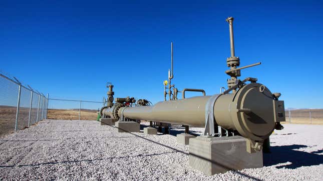 Part of a pipeline used to transport CO2 for oilfield recovery in Wyoming.