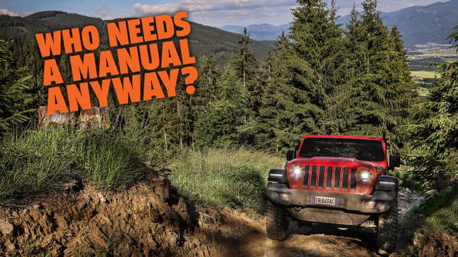 A photo of a red Jeep with the caption "who needs a manual anyway?" 