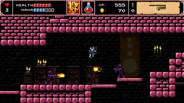 An 8-pixel looking knight fights demons in a narrow corridor. 