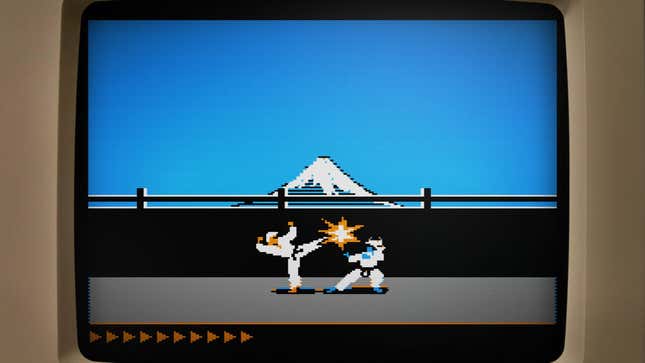 The classic computer game Karateka is seen, the hero delivering a high kick to an opponent with a mountain looming in the background, bordered by the frame of an old computer monitor.