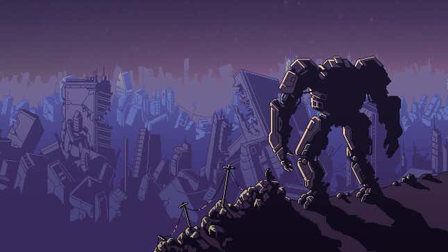 A pilot operating a mech looks out over a ruined city in Into the Breach: Advanced Edition.