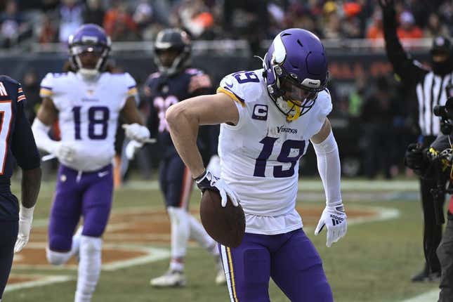 Jan 8, 2023; Chicago, Illinois, USA;  Minnesota Vikings wide receiver Adam Thielen (19) celebrates his touchdown against the Chicago Bears during the first half at Soldier Field.