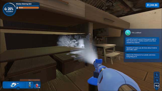 A screenshot of Powerwash Simulator shows a kitchen area being cleaned with a powerwasher while the user reads text messages about the environment.