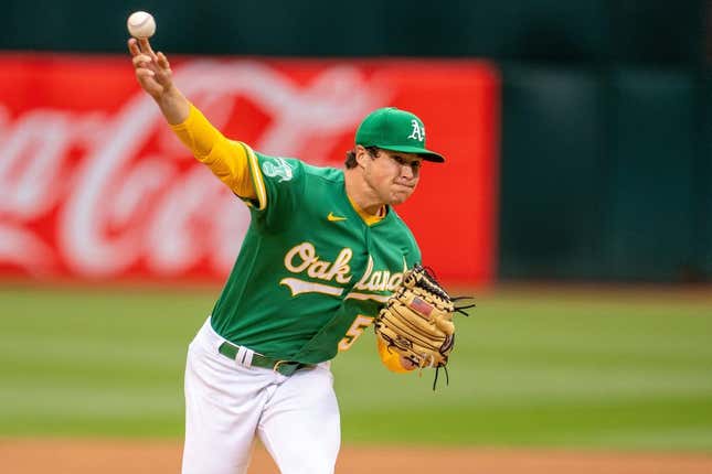 May 2, 2023; Oakland, California, USA;  Oakland Athletics starting pitcher Mason Miller (57) delivers a pitch against the Seattle Mariners during the first inning at RingCentral Coliseum.