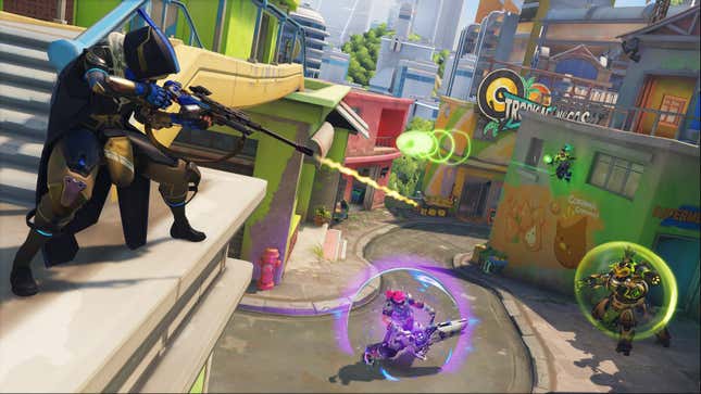 Ana is seen shooting down a street where Zarya and Orisa are fighting while Lucio skates on the side of a building.