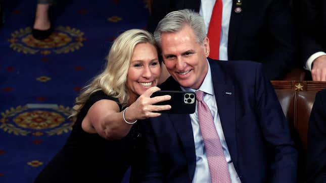 Rep.-elect Marjorie Taylor Greene (R-GA) takes a photo with U.S. House Republican Leader Kevin McCarthy (R-CA) at the U.S. Capitol Building on January 07, 2023 in Washington, DC. 