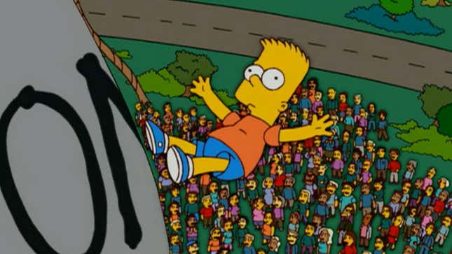 A screenshot from The Simpsons shows Bart falling off a water tower. 