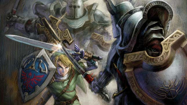 Link is seen fighting against a knight while another approaches from behind.