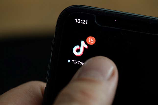 A person holding a phone with the TikTok app logo in the top left.