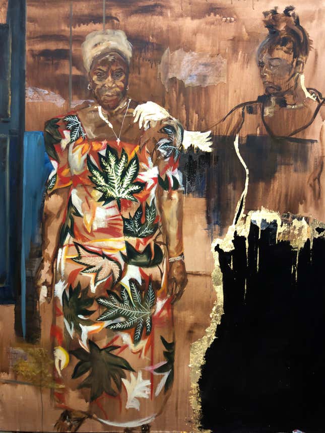 A ghostly self portrait of artist Emma Prempeh rests her hand on the shoulder of a grandmother she never met in this print and imitation gold leaf painting.