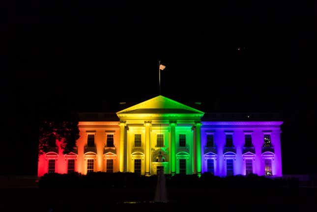 The North Portico and front of the White House facing Pennsylvania Avenue and Lafayette Park in Washington, is lit in the color of the rainbow, on Friday, June 26, 2015, after the United States Supreme Court issued the decision in the case of Obergefell v, Hodges ruling that same-sex marriage is legal in all states.