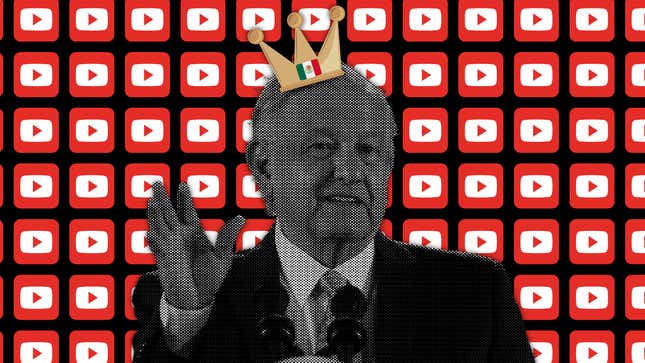 An illustration of Mexican President Andrés Manuel López Obrador surrounded by YouTube logos.
