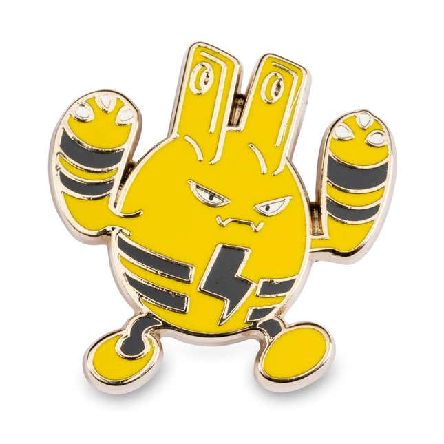 An Elekid pin shows the Pokemon with its arms up like it's flexing.