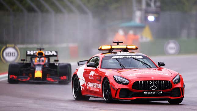 A red Mercedes AMG Black Series safety car in F1. 