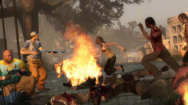 People with guns facing off against zombies in Left 4 Dead