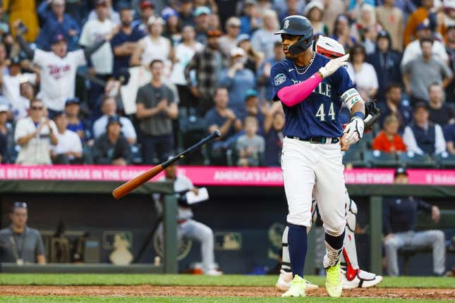 Jul 17, 2023; Seattle, Washington, USA; Seattle Mariners center fielder Julio Rodriguez (44) tosses his bat after drawing an RB-walk against the Minnesota Twins during the fifth inning at T-Mobile Park.