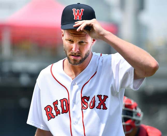 Boston Red Sox ace Chris Sale adjusts his cap after pitching a simulated inning at Polar Park.