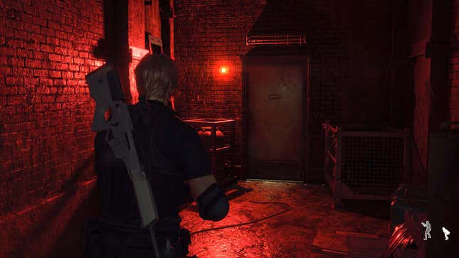 A screenshot shows Leon walking through hallway lit by a red light. 