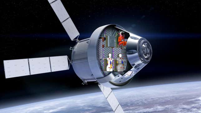 An illustration showing the two test dummies aboard the Orion capsule to the Moon.
