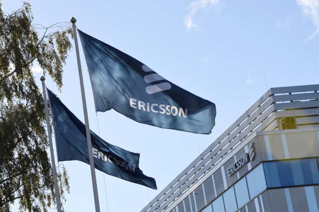 Flags with Ericsson logo are pictured outside company's head office in Stockholm, Sweden, October 4 , 2016.