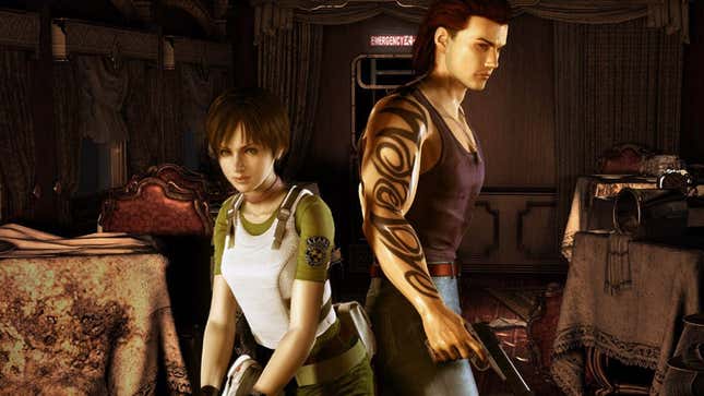 The main characters of Resident Evil 0 standing in a fancy room. 
