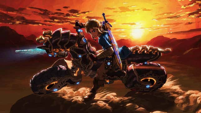 Link rides a motorcycle at sunset. 