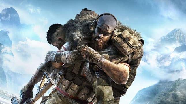 A Ghost Recon Breakpoint operative carries a non-believer on his back. 
