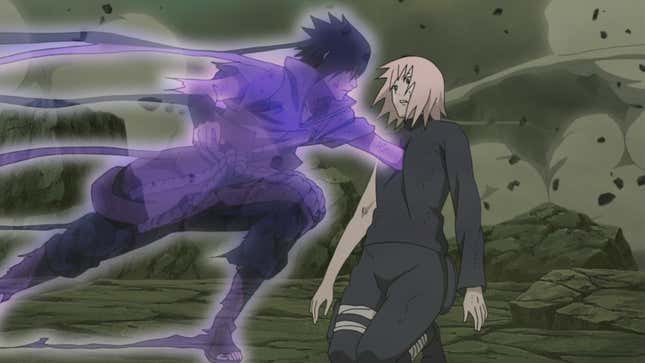 An image of Naruto Shippuden's Sasuke impaling Sakura. 