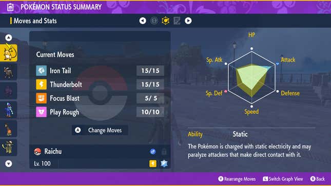 An image from Pokémon Violet shows a Raichu's moves and stats, including the Effort Values.