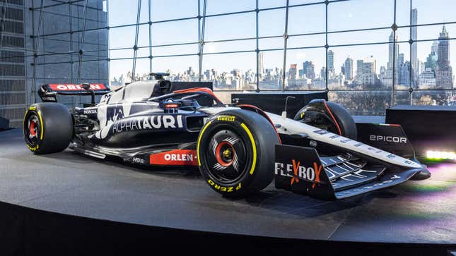A photo of the 2023 AlphaTauri F1 car at an event in New York. 