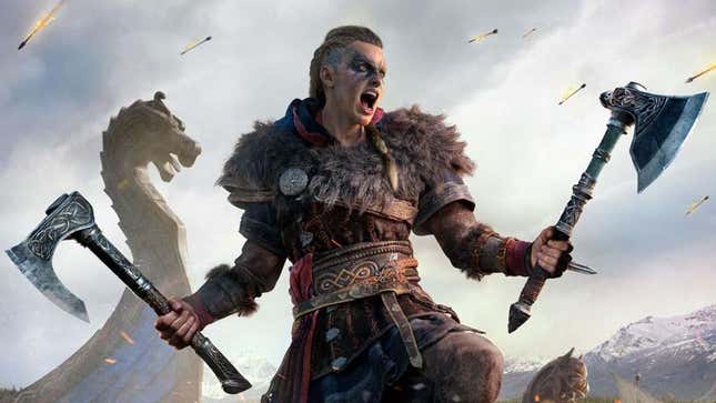 A female viking screams while holding two large axes. 