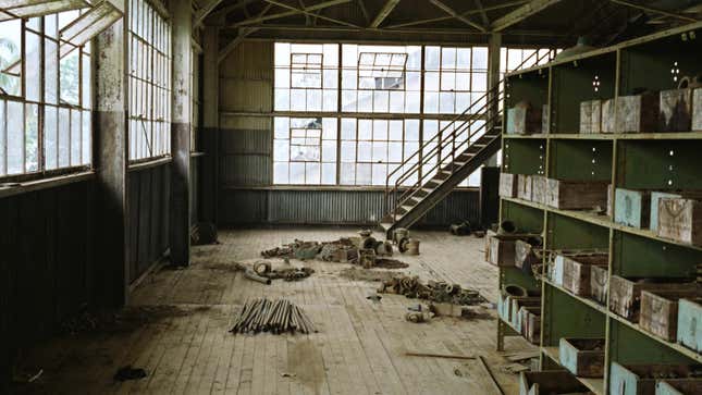 Henry Ford’s Amazon Industrial Experiment: Interior of a derelict rubber factory building which stands in the middle of the town. 