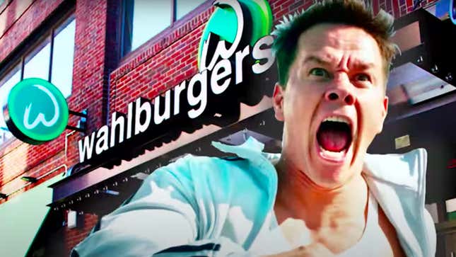 Mark Wahlberg screaming in front of Wahlburgers sign