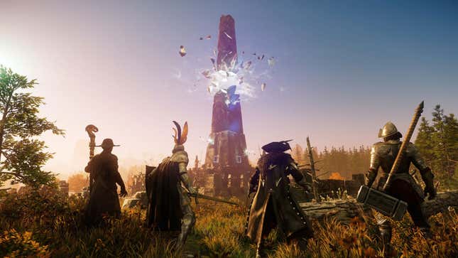 A screenshot from Amazon's New World MMO showing four players standing before a shattered tower. 