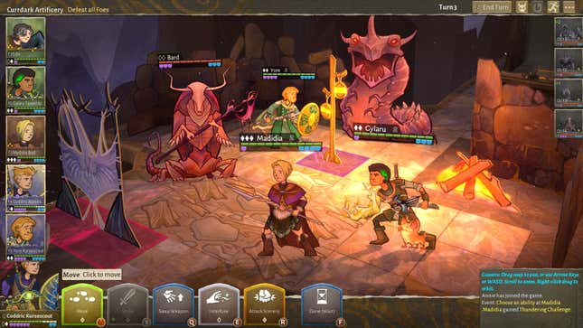 Three heroes stand in a cave filled with worm monsters who prey on dreams. The rogue has a flaming arm and a little owl beside him. The warrior has a two pronged spear. The third stands at the back of the room wielding a sword and shield.