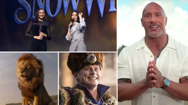 Clockwise from top left: Gal Gadot and Rachel Zegler (Jesse Grant/Getty Images for Disney), Dwayne “The Rock” Johnson (YouTube @therock), Billy Magnussen (Walt Disney Pictures), Mufasa (Walt Disney Pictures)