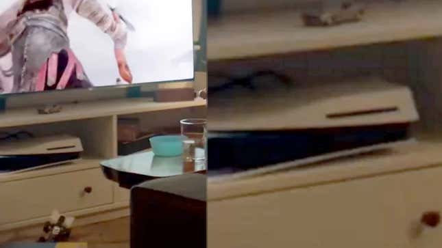 An upside-down PlayStation 5 in an entertainment center is shown with a zoomed in look at the console superimposed.