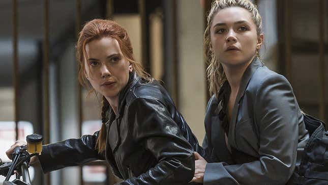 Natasha Romanoff (Scarlett Johansson, left) and Yelena Belova (Florence Pugh, right), share a motorcycle in Marvel's Black Widow