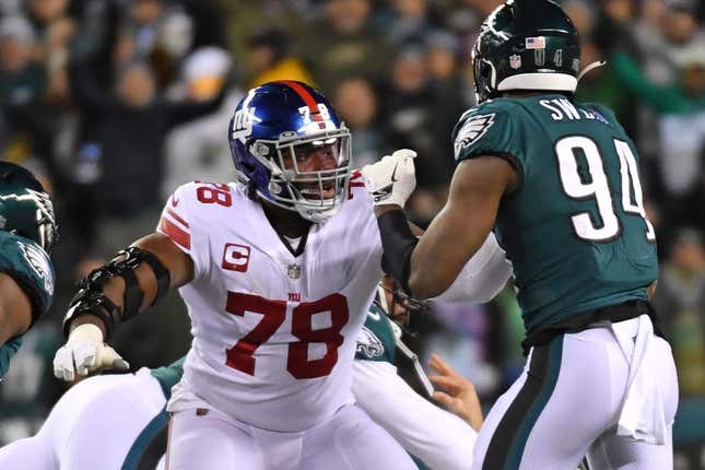 Jan 21, 2023; Philadelphia, Pennsylvania, USA; New York Giants offensive tackle Andrew Thomas (78) against Philadelphia Eagles defensive end Josh Sweat (94) during an NFC divisional round game at Lincoln Financial Field.