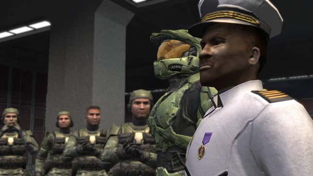 Master Chief stands next to Sergeant Johnson in Halo 2.