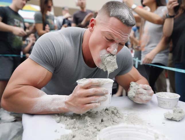 Imagen para el artículo titulado Una IA genera fotos de un concurso de comer cemento entre celebridades. Gana el Papa Francisco