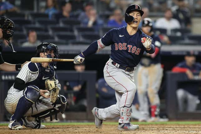 Jun 10, 2023; Bronx, New York, USA; Boston Red Sox left fielder Masataka Yoshida (7) reacts after striking out in the ninth inning against the New York Yankees at Yankee Stadium.