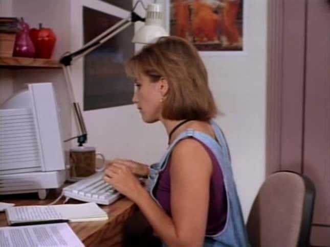 A photo of Andrea in her dorm room on a Macintosh