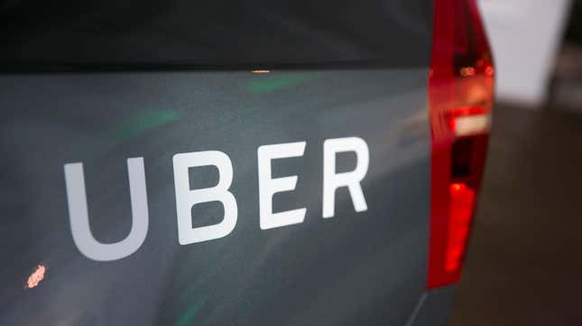 An Uber logo on a Uber Technologies Inc., self-driving autonomous Volvo car as seen in Washington, D.C. on May 16, 2017.
