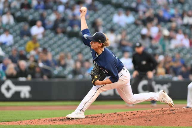 May 24, 2023;  Seattle, Washington, USA;  Seattle Mariners starting pitcher Bryce Miller (50) throws for Oakland Athletics in the third inning at T-Mobile Park.