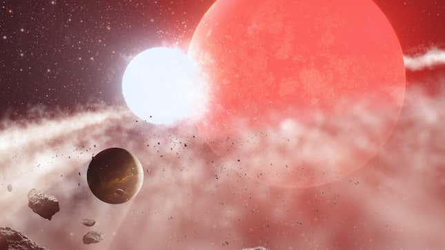 Artistic depiction of a possible scenario in which Baekdu was initially a binary system consisting of a red giant star and a closely orbiting white dwarf star. The close proximity of these two stars allowed for the exchange of material between them, eventually resulting in their merger. In the foreground, we can see Planet Hella orbiting perilously close to the stellar couple, yet just far enough to withstand the impact of their explosive collision.