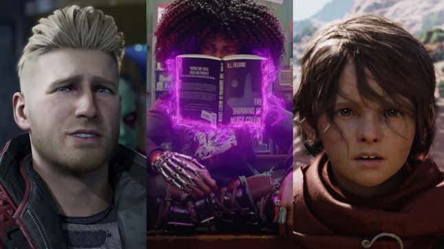 Images from video games Marvel’s Guardians of the Galaxy, Redfall, and A Plague Tale: Requiem.