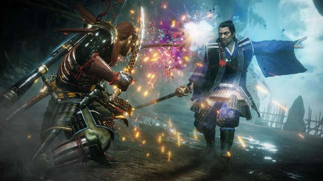 Two characters in Nioh 2 in mid-battle, swinging swords at each other as purple, yellow, and blue sparks burst between them.